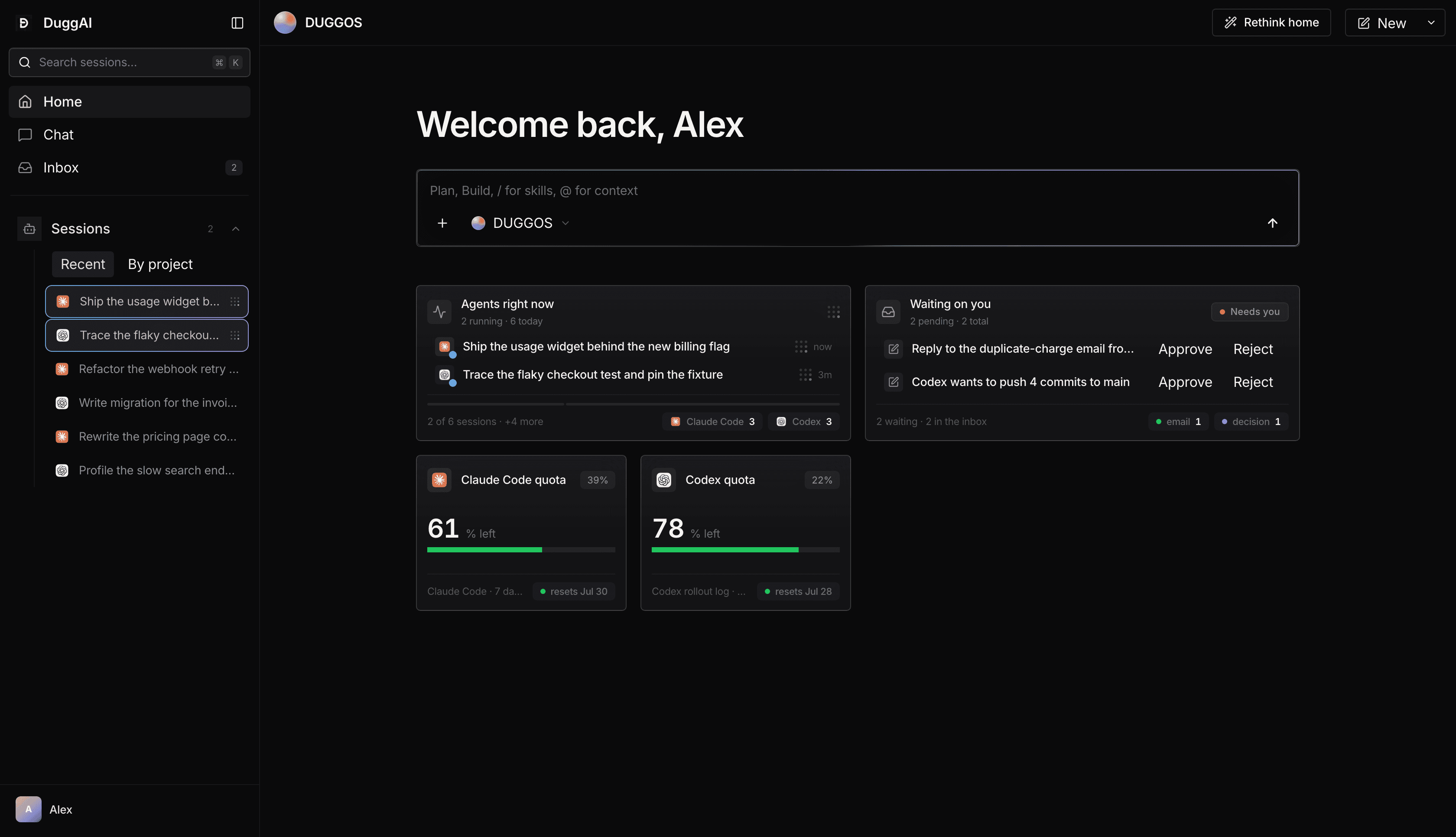 The real DUGGOS desktop home: live Claude Code and Codex quota, today's open loops, the approval inbox