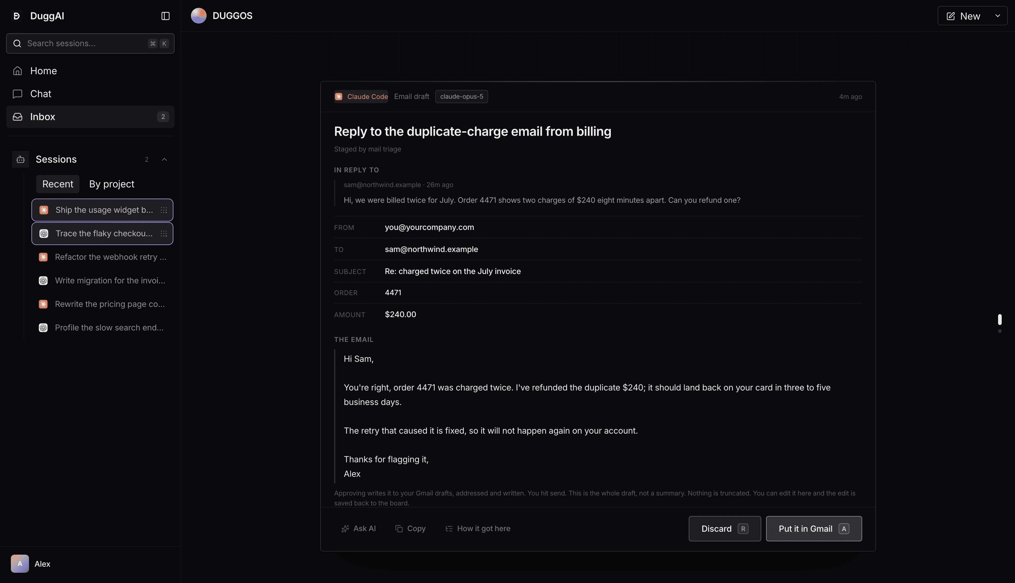 A DUGGOS approval card showing the proposed action and review controls